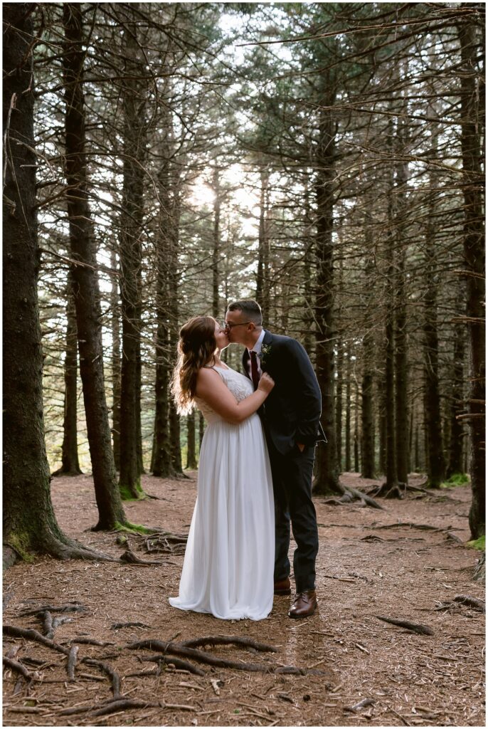 The bride and groom share a kiss together under the tall trees of the black balsam forest.