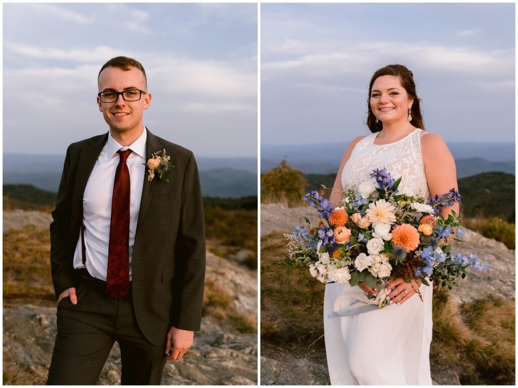 Individual portraits of the bride and groom on their wedding day at Black Balsam.