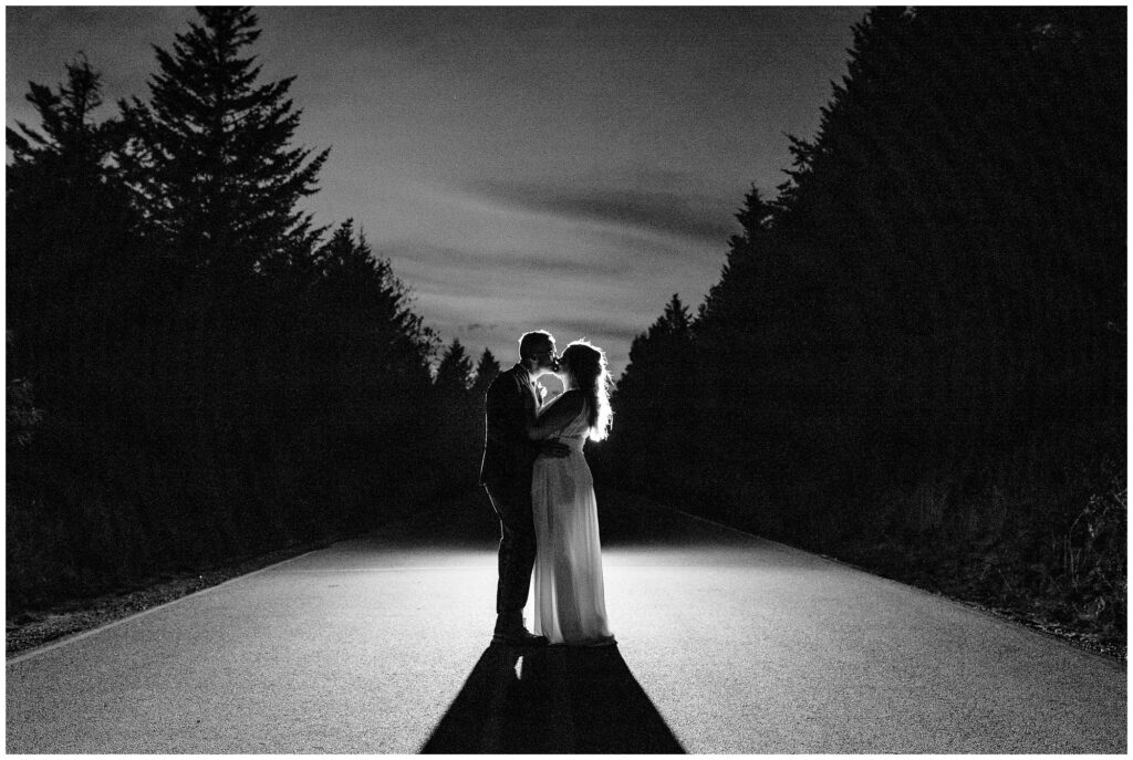 Night time flash portrait on the road in black balsam with the silhouette of the trees.