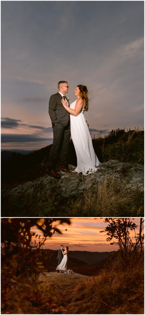 Sunset elopement photos on the rocks at Black Balsam with colorful skies.