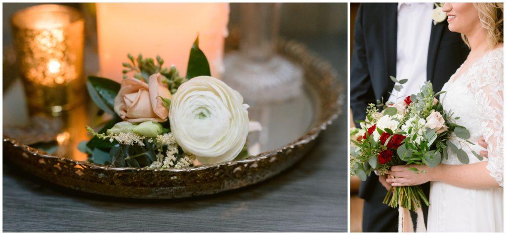 The groom's boutonnière sitting on a gold tray, and an image of the bride's fall bouquet.