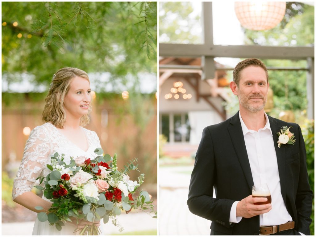 Individual portraits of the bride and groom with their custom florals designed by Petal and Fern in Asheville.