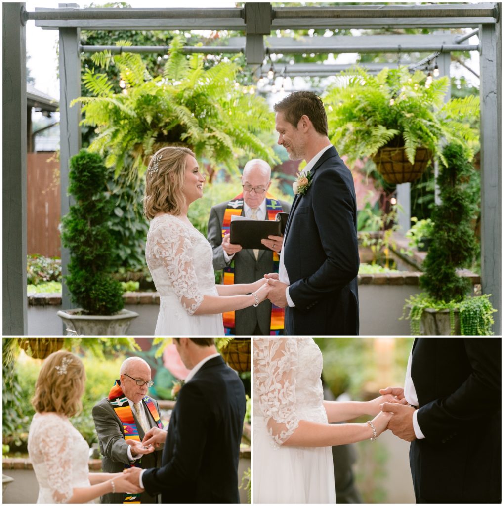 Close up ceremony images of the bride and groom holding hands and exchanging rings.