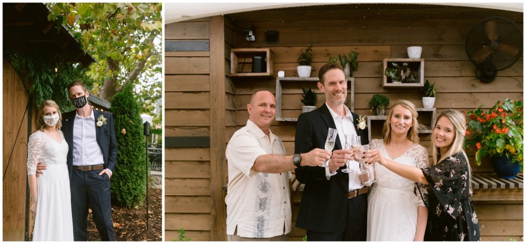 The couple in their masks for their 2020 elopement and sharing a toast with their two witnesses.