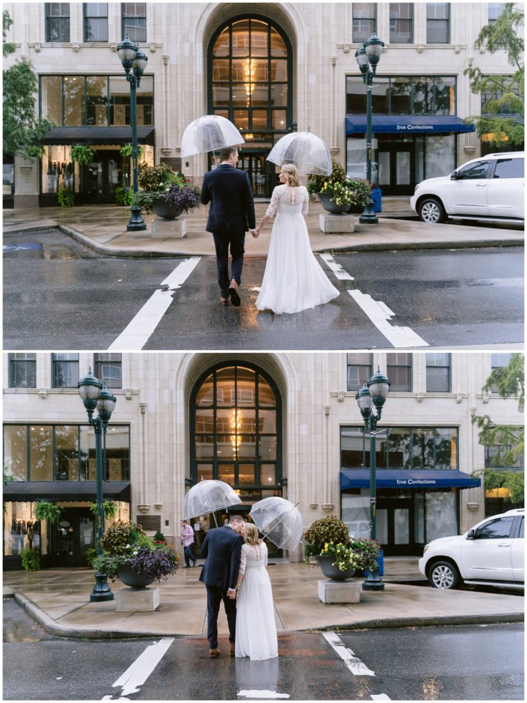 Downtown Asheville bride and groom portraits in the rain after their elopement.