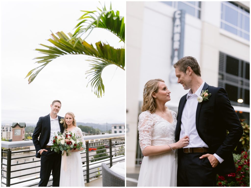 Rainy elopement day in downtown Asheville on a rooftop.