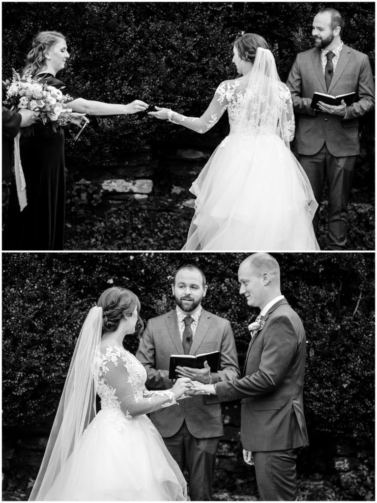 Black and white elopement ceremony photos of exchanging rings.