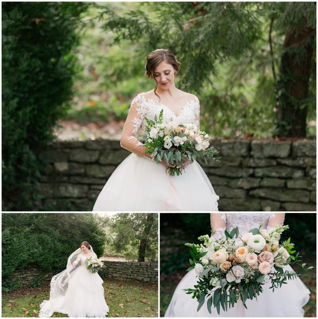 Bridal portraits at Sherrill's Inn with lush pink and white florals.