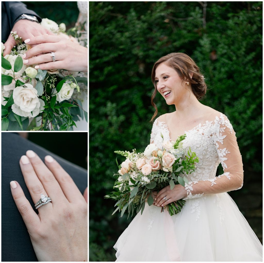 Images of the wedding rings and a bridal portrait.