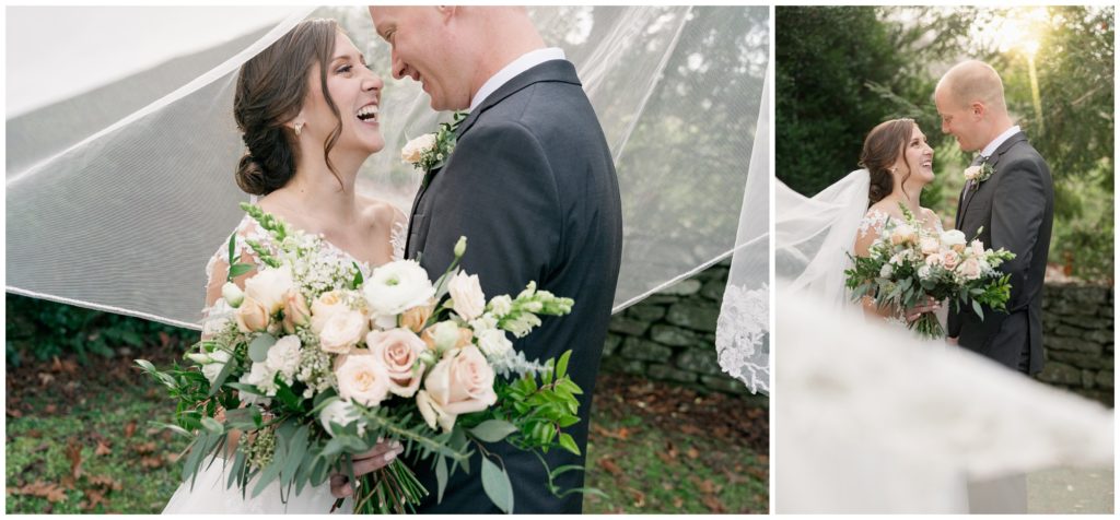 Sunset bride and groom photos at Sherrill's Inn with a long cathedral veil.