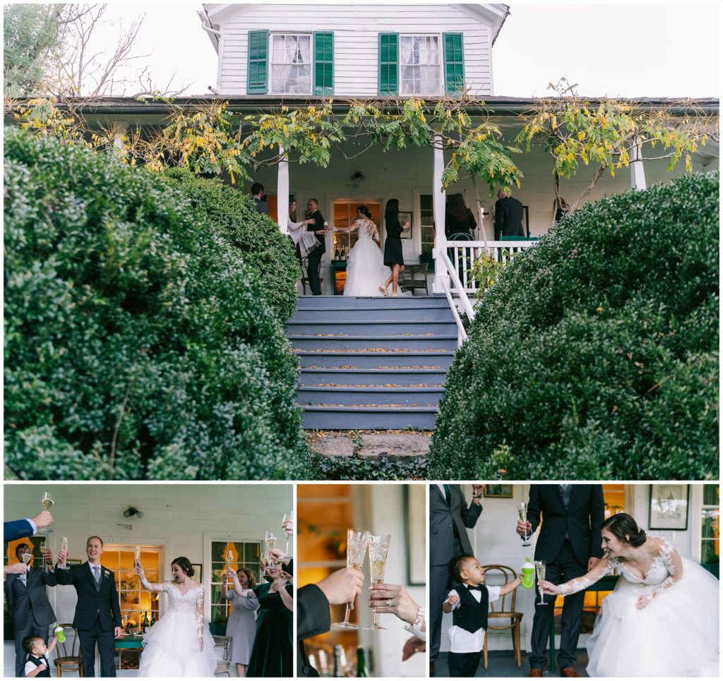 The couple shares a champagne toast with their friends and family after their elopement at Sherrill's Inn.