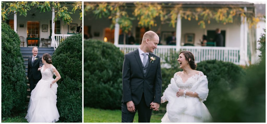 Bride and groom portraits walking together on the lawn at Sherrill's Inn.