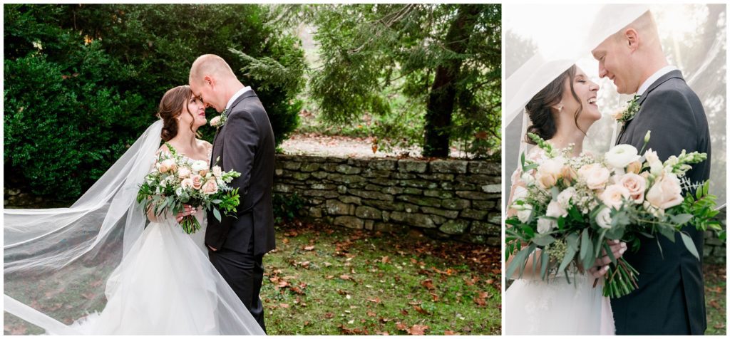 Bride and groom portraits with a long flowy veil.