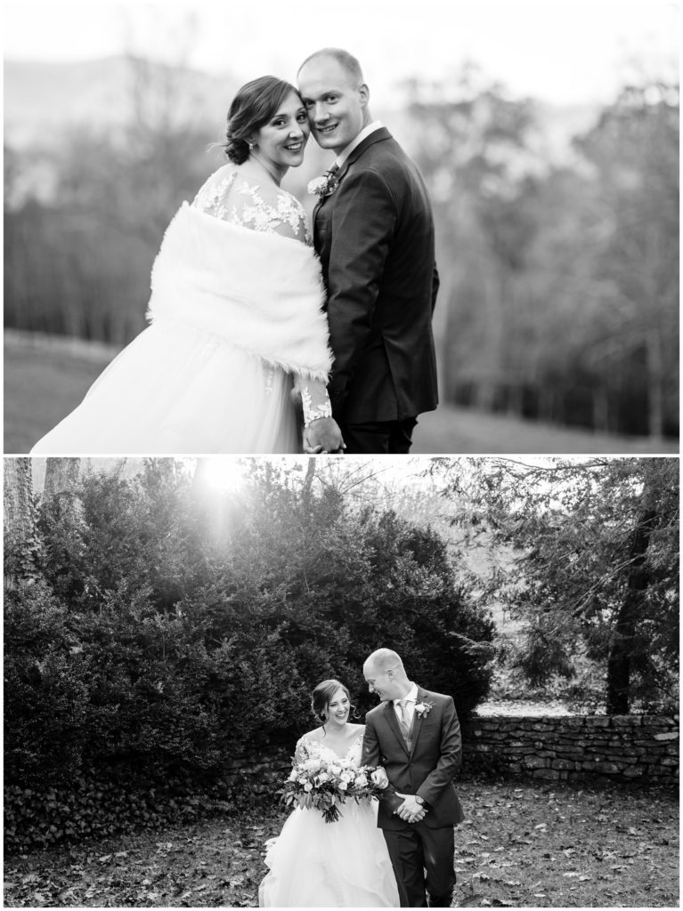 Black and white bride and groom portraits at Sherrill's Inn.