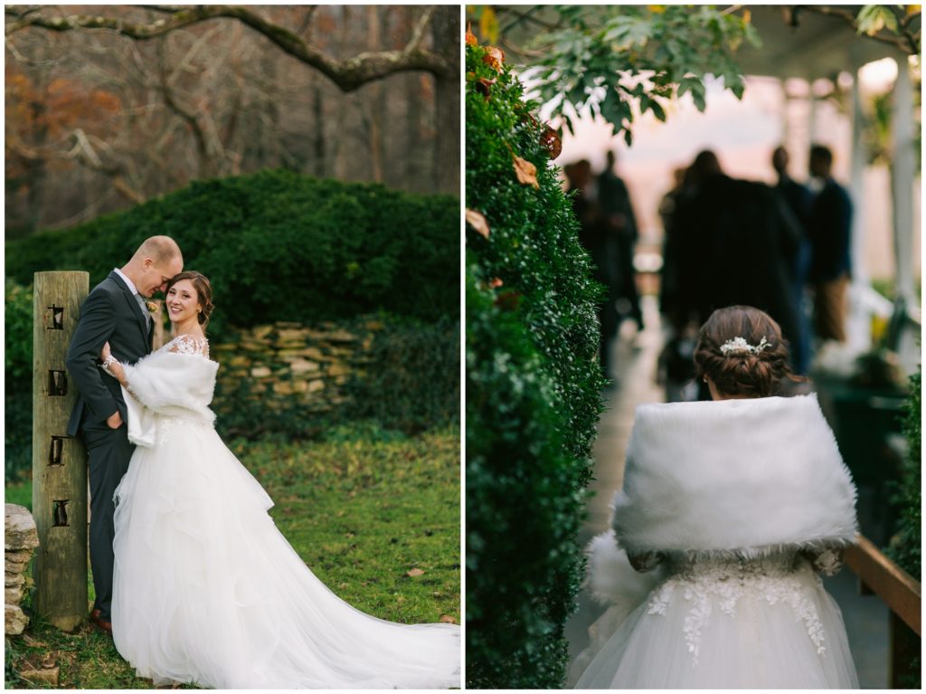 Bride and groom at Sherrill's Inn in the fall.