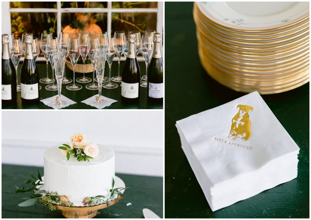 A champagne toast awaited their guests, along with custom napkins of their dog saying "Meia Approved"