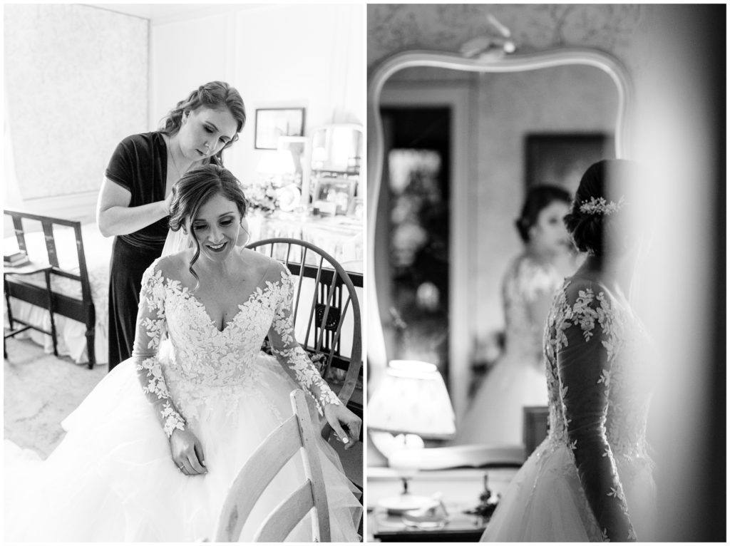 Black and white images of the bride getting ready at Sherrill's inn.