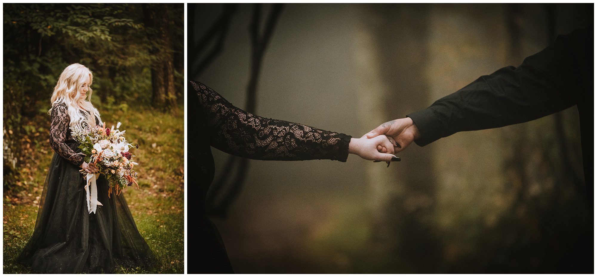 Bridal portrait with gorgeous fall bouquet. Couple holding hands with fog in the background