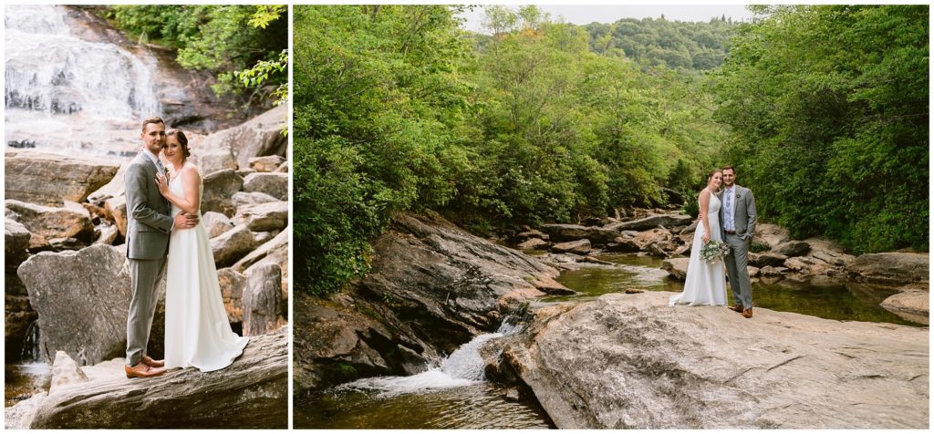 Elopement portraits at a waterfall in the mountains of Asheville.