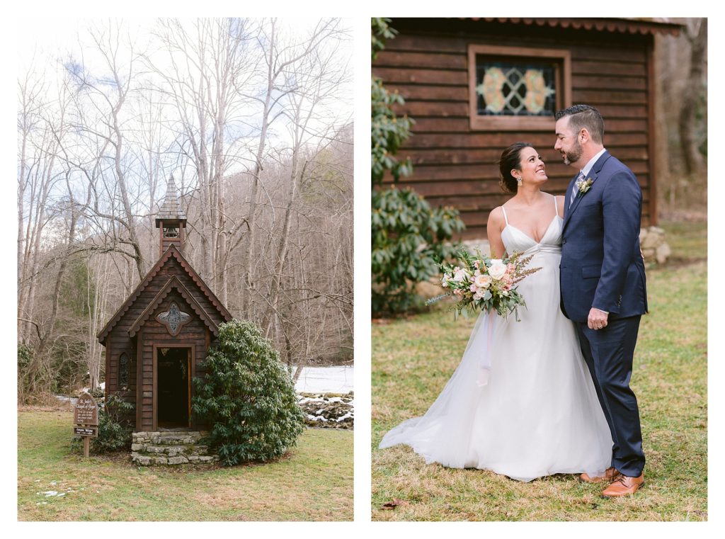Winter elopement at St Jude's Chapel of Hope in Asheville, NC.