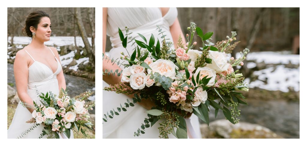 White and pink winter bridal bouquet with greenery.