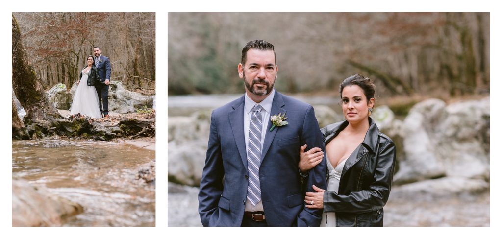 Winter elopement photos with a black leather jacket in the mountains of NC.