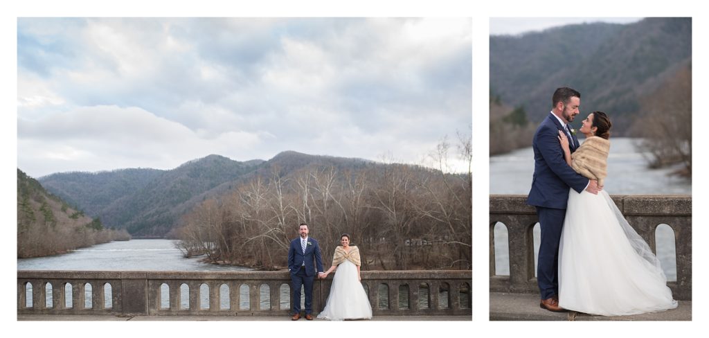 Winter elopement photos in the mountains of NC on a bridge over the river.