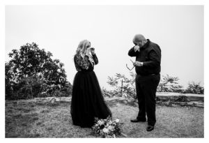 Black and white image of the bride and groom crying during their elopement in NC | Legacy and Legend