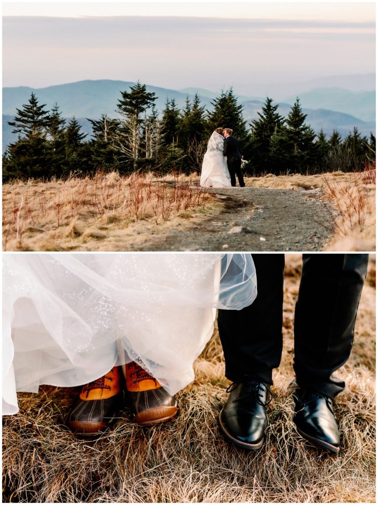 Winter elopement attire to keep warm in the mountains.