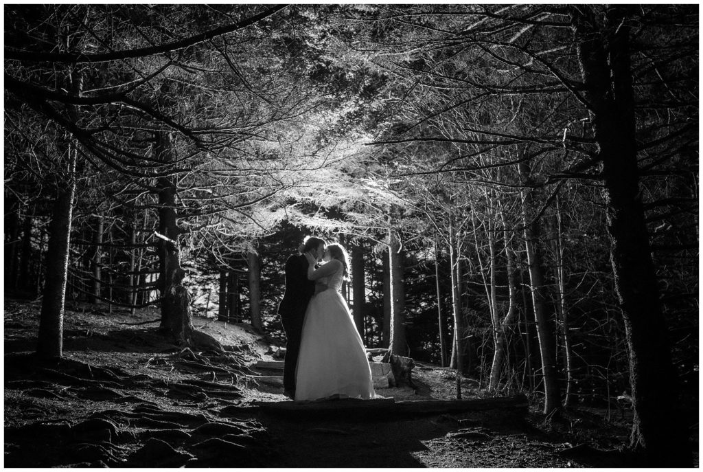 Black and white night portrait with flash in the woods at Carvers Gap. 