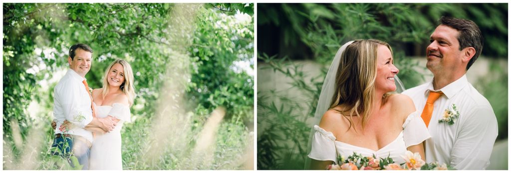 Bride and groom elopement photos at a brewery with greenery.