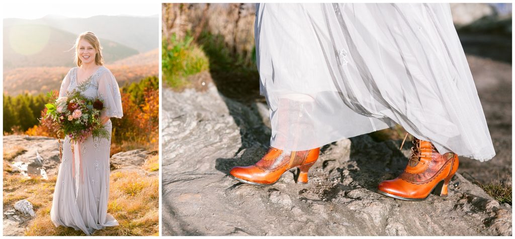 Taylor wore brown leather boots with heels for her fall elopement | Asheville Elopements