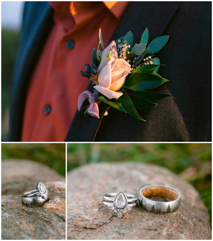 The groom wore a pink rose on his jacket, and they had unique silver wedding bands. His band was engraved with trees.