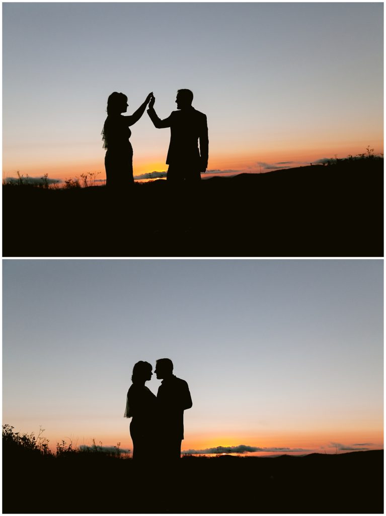 Silhouette portraits of the bride and groom after the sun goes down behind the mountain  | Asheville Elopements