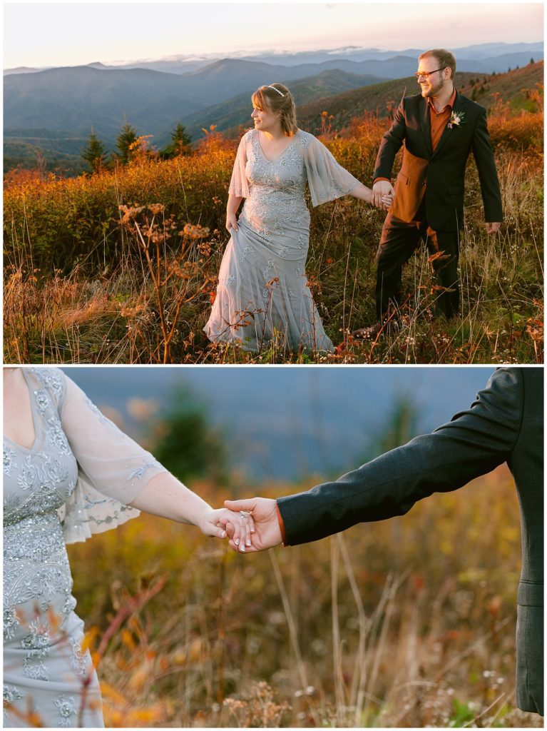 They walk through the tall grass on the mountain holding hands  | Asheville Elopements