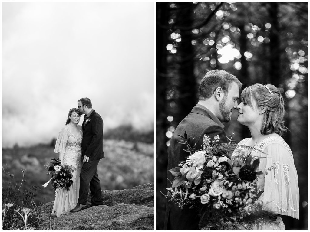 Black and white portraits of the bride and groom sharing a kiss  | Asheville Elopements