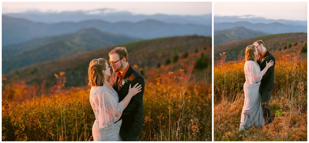 Sunset portraits with the skyline of the blue ridge mountains  | Asheville Elopements